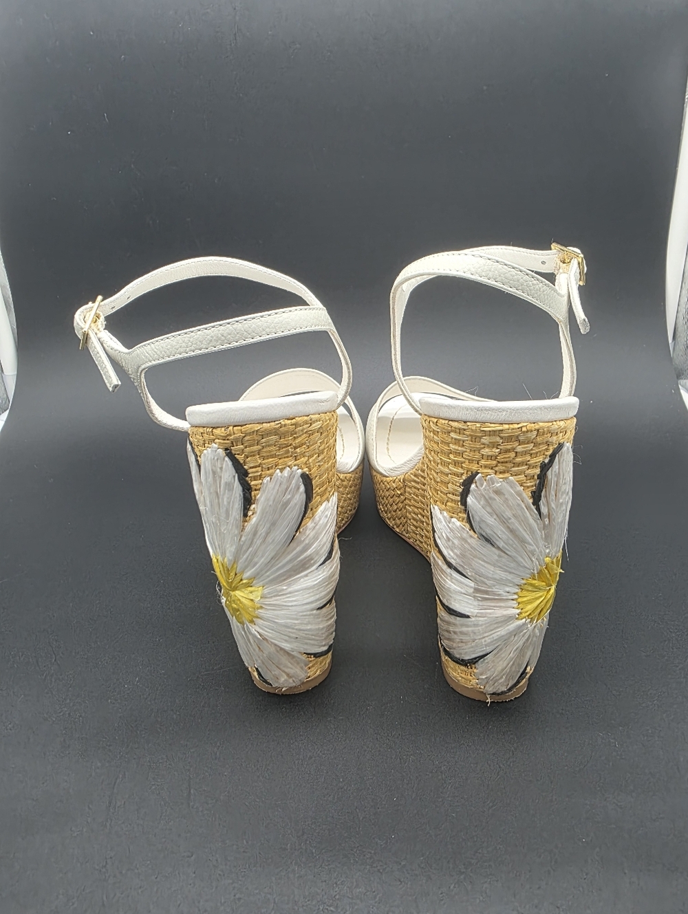 RARE Kate Spade White Leather Woven Ankle Strap Floral Wedges Size 7.5M $129 - Picture 3 of 8